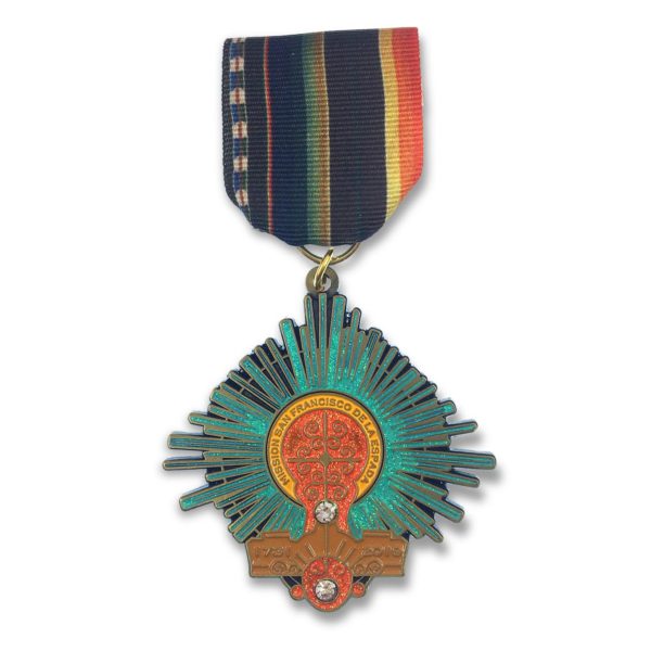 A medal with a colorful design on it.