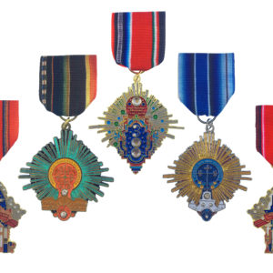 A group of six medals hanging from ribbons.