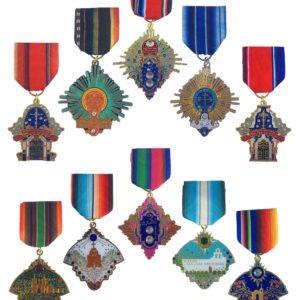 A group of medals with different designs on them.