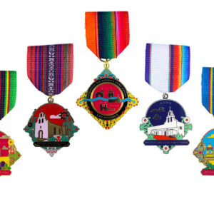 A row of medals with different designs on them.